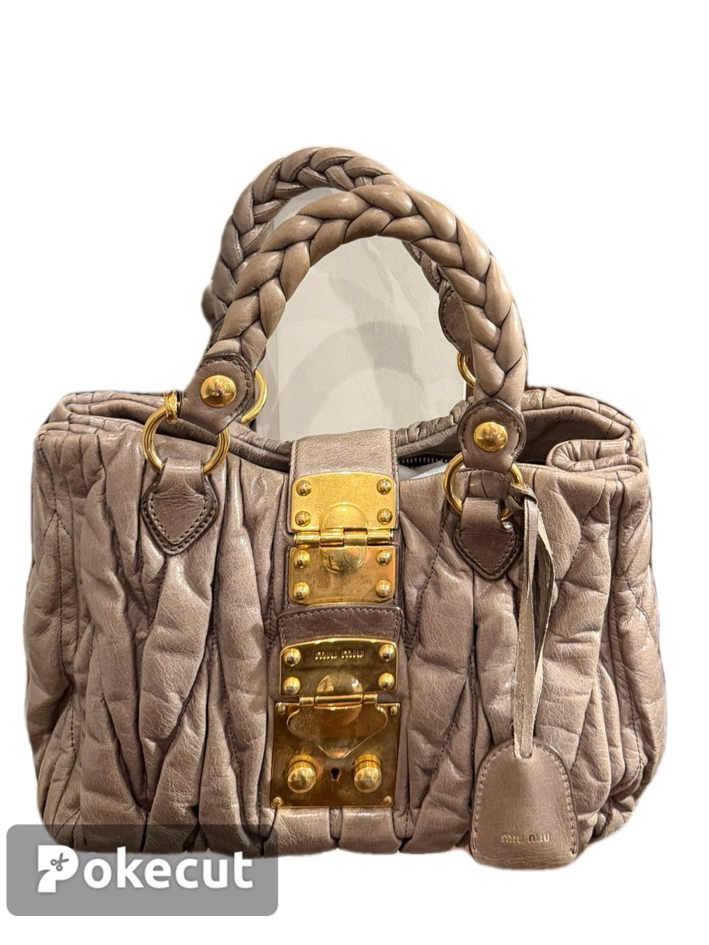 Miu Miu Taupe Matelasse Braided-Handle Quilted Satchel with Gold Hardware